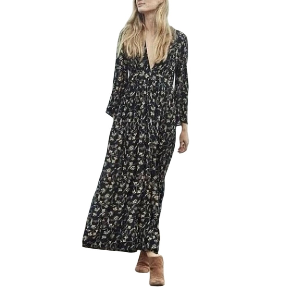 DOEN Zinnia Maxi Dress Black Scroll Print Floral V-Neck Empire Waist Large